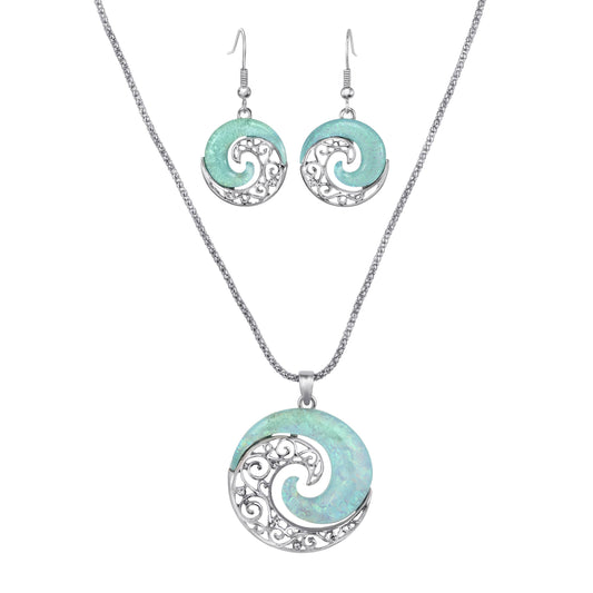 Round Pendant with a Yin & Yang Design of Aqua Blue Resin Stone and Filagree Silver Accent