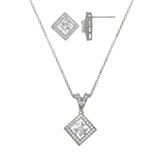 DIAMOND SHAPE PAVE CHARM NECKLACE AND DIAMOND PAVE STUD EARRINGS