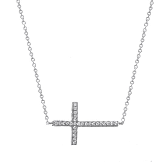 PAVE CRYSTAL SIDEWAYS CROSS NECKLACE
