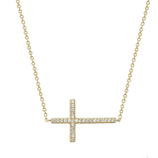 PAVE CRYSTAL SIDEWAYS CROSS NECKLACE